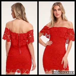 Genevieve red off-the-shoulder lace dress